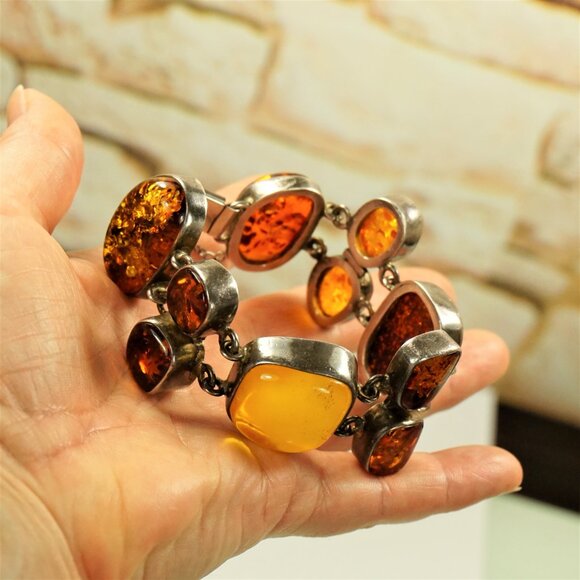 82g Rare Multi Amber and 925 Silver Heavy Link BRACELET - OOAK Gift For Her - Picture 16 of 16